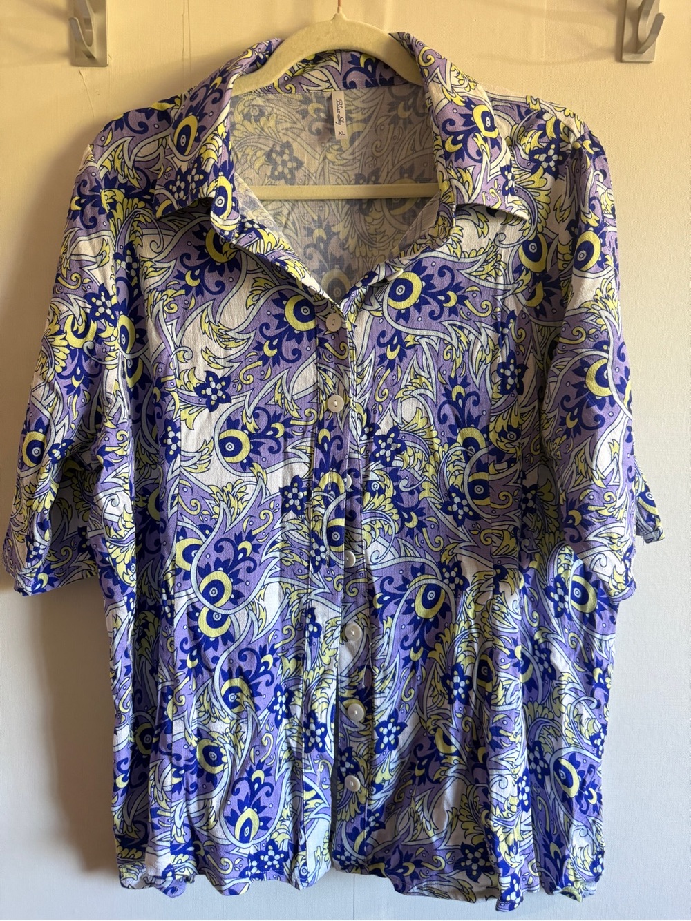 Blue Sky Clothing XL Linen Bamboo Paisley Button Front Tunic Top Boho Purple